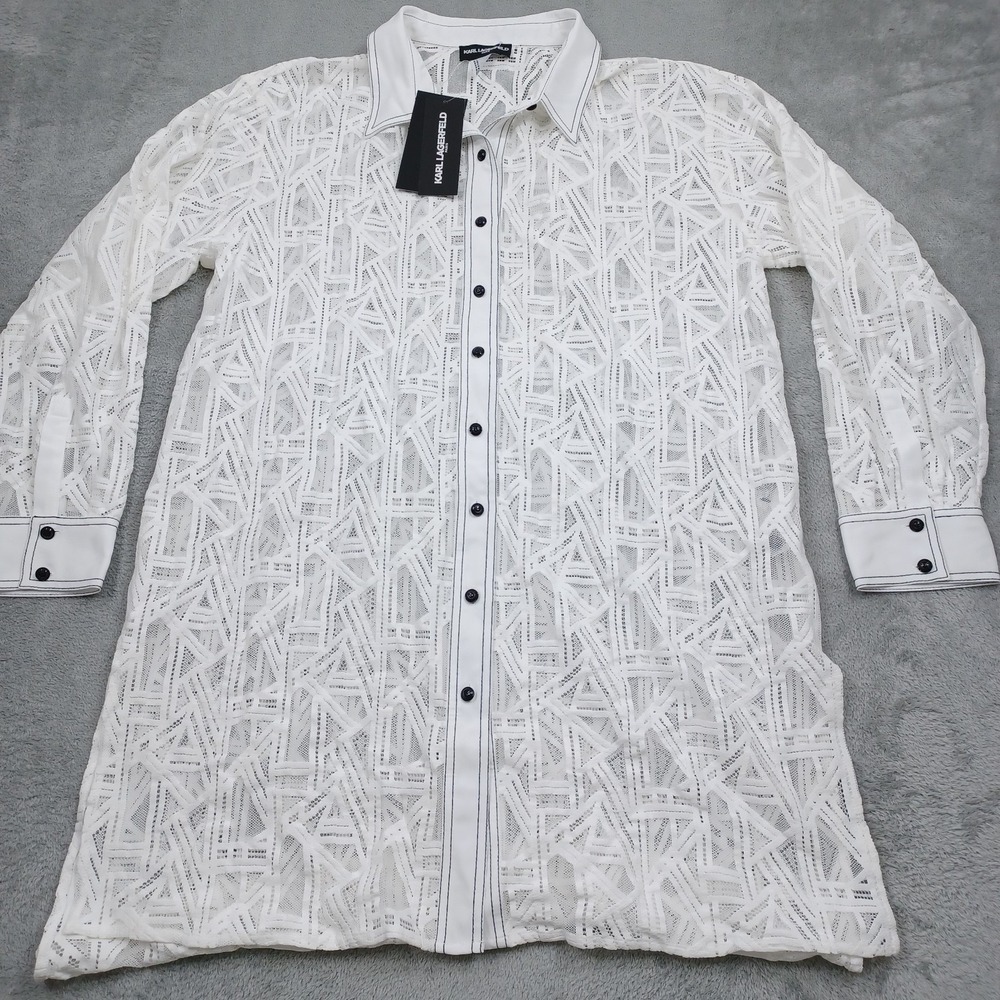 Karl Lagerfld Top Womens Large White Button Up Lace Long Sleeve NWT